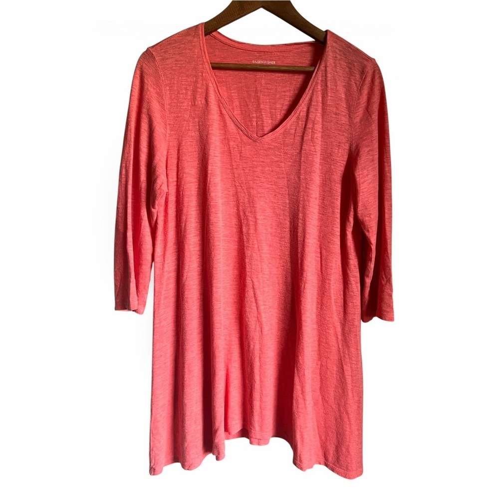 Eileen Fisher Organic Cotton Hemp Swing Top Sz S Coral 3/4 Sleeve Slub Lagenlook